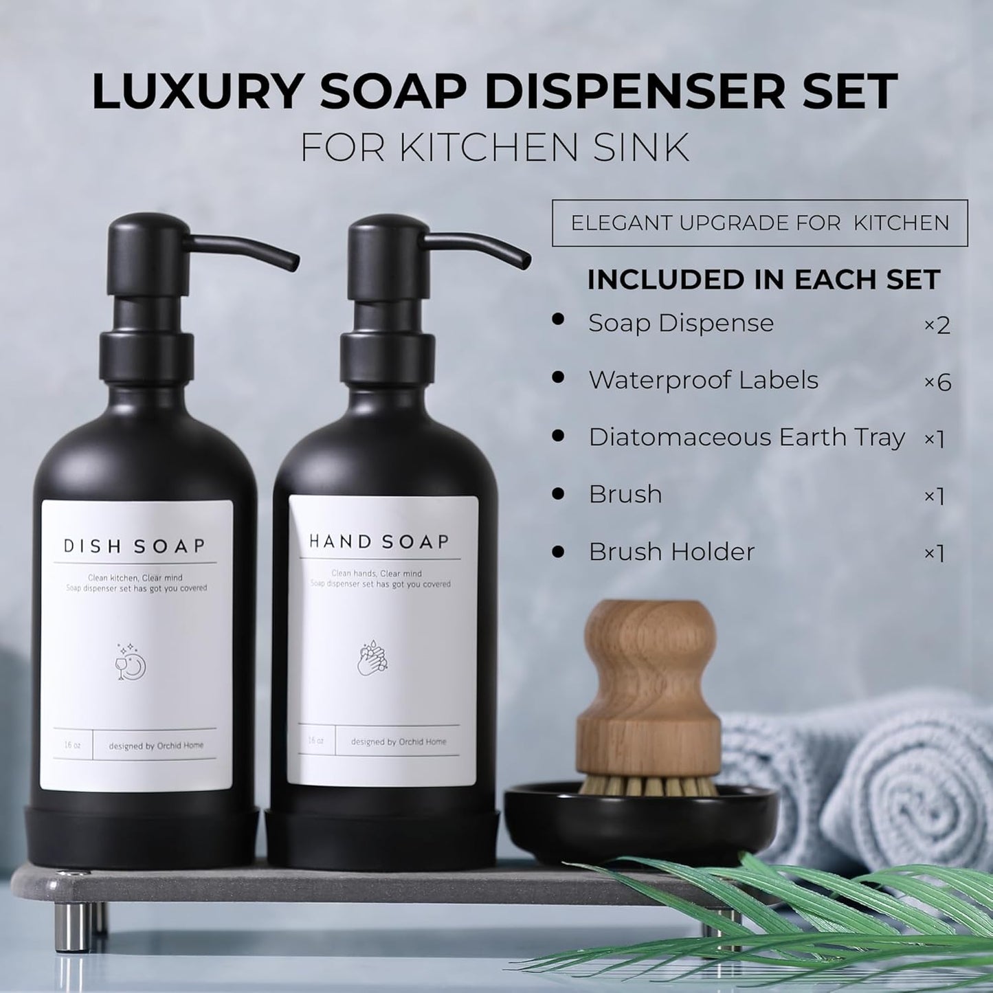 [Luxury] Kitchen Soap Dispenser Set - 16OZ Black Glass Bottle, Stainless Steel Pump, Instant Dry Tray, Waterproof Labels, Non-Slip Silicone Pad, and Dish Brush | Upgrade for Your Kitchen and Bathroom