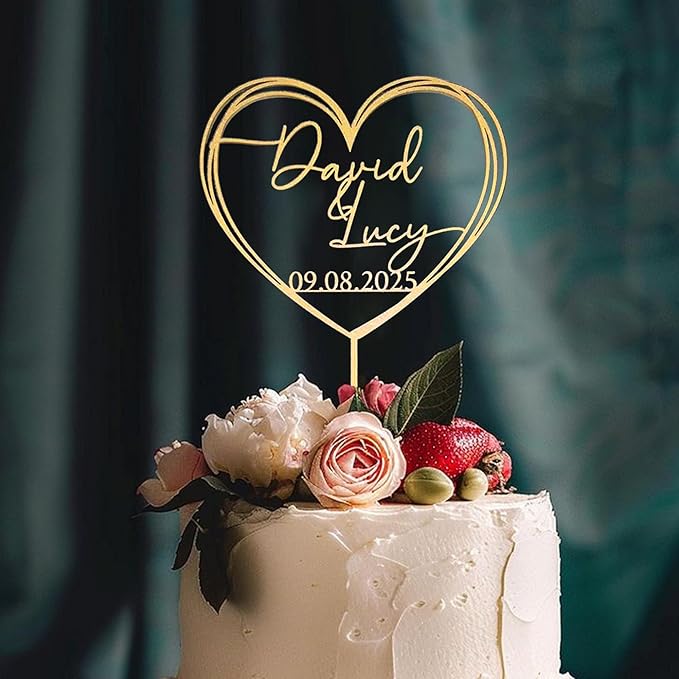 Personalized Wedding Cake Topper, Gold Cake Topper For Wedding, Rustic Weddings Cakes Topper, Personalized Acrylic or Wood Cake Decoration for Engagement, Anniversary, Bridal Shower 2
