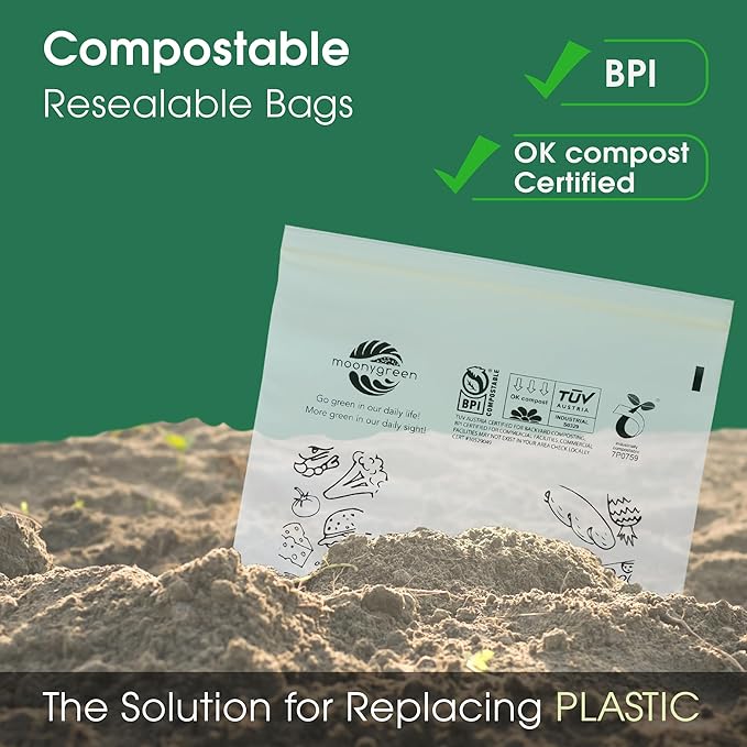 Compostable Food Storage Bags, Resealable Snack Bags, 50 Count, 6.5 x 3.7 inches, Extra Thick, Certified US BPI ASTM D6400 Europe OK Compost