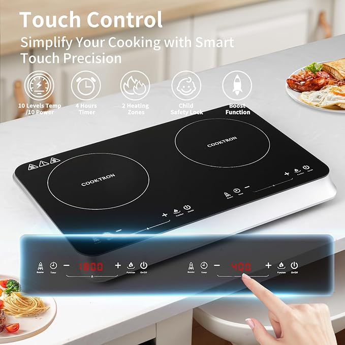 Double Induction Cooktop Burner with Fast Warm-Up Mode, 1800w 2 Burner with 10 Temperature 9 Power Settings, Portable Dual Induction Cooker Cooktop with Child Safety Lock & Time