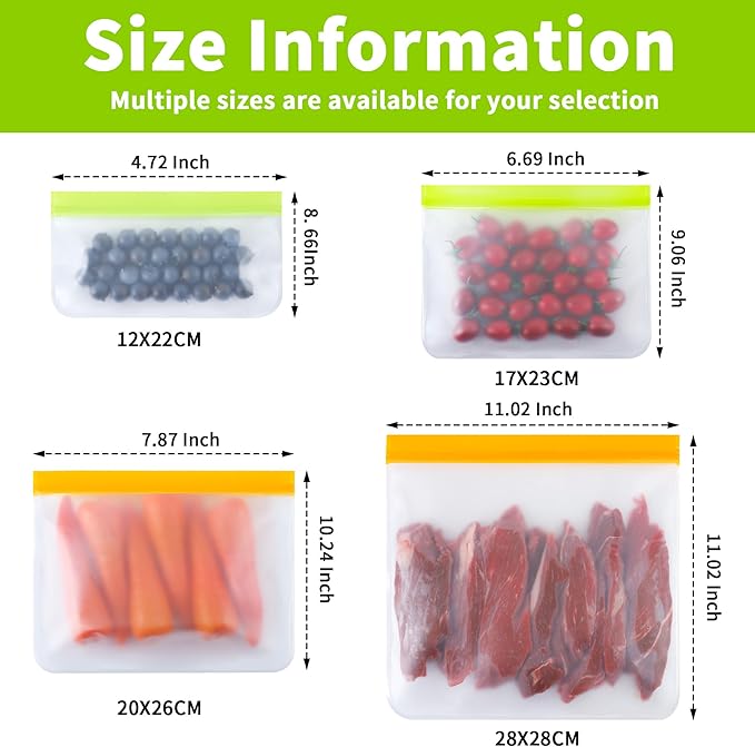 24 Pack Reusable Bags, Dishwasher Safe Silicone Food Storage Bag, 4 Sizes Leakproof Reusable Freezer Bags for Marinate Meats, Cereal, Vegetables, Home.