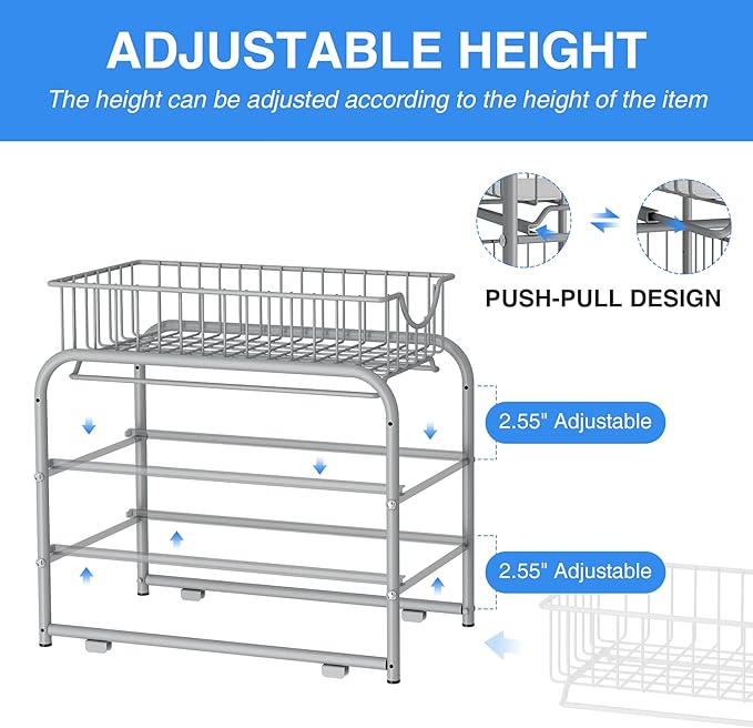 AIYAKA under sink storage 2 Tier Stackable Sliding Basket Organizer Drawer For Kitchen And Bathroom/Cabinet Drawers,silver