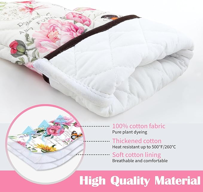 Vintage Flower Oven Mitts and Pot Holders Sets 4Pcs, 100% Cotton Heat Resistant, Extra Long Oven Gloves Potholder for Kitchen Cooking Baking Decoration