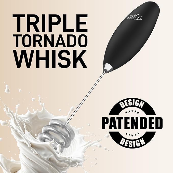 Zulay Kitchen Patented Tornado Triple Whisk Milk Frother with 2 Duracell Batteries – Handheld Foam Maker for Coffee, Lattes, Matcha & Hot Chocolate – Rich, Creamy Froth in Seconds