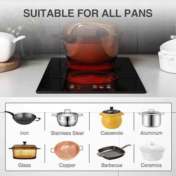 Portable Electric Hot Plate, 2 Burner Cooktop 110V/120V Plug-in, Infrared Stove Top for Cooking, LED Touch Control, Timer & Safety Lock for RV, Dorm, Apartment (Electric Cooktop 2 Burners)