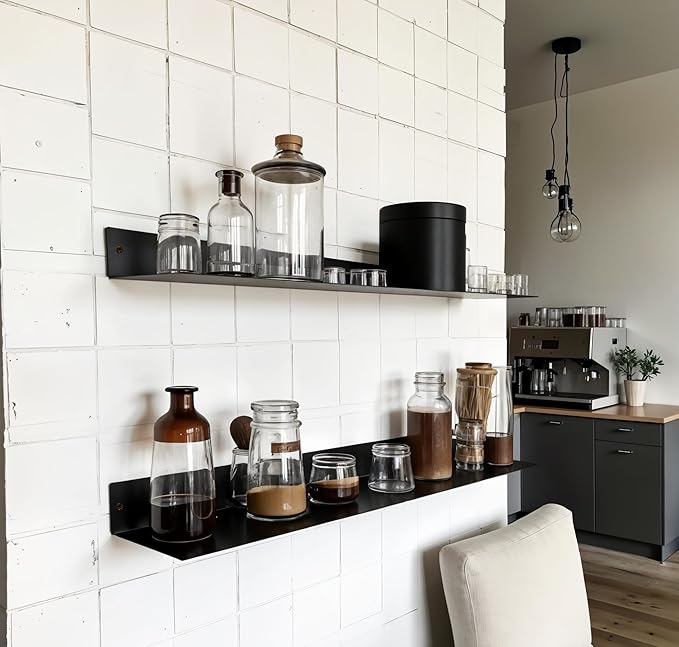 DIY CARTEL Linear Floating Shelf, Raw Blackened Steel, Made in USA, Heavy Duty Metal Wall Mount, Rustic & Modern Farmhouse Design (48"x8" Powder Coated Matte Black)