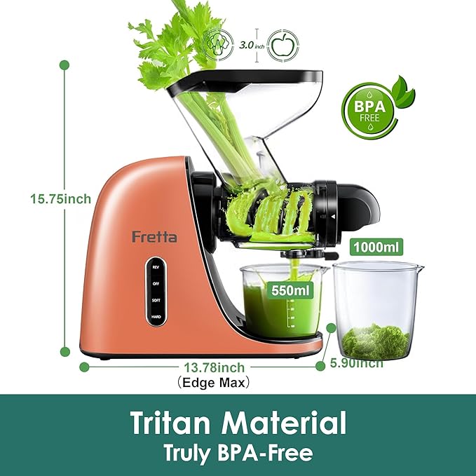 Cold Press Juicer,Juicer Machines Vegetable and Fruit with 3'' Feeding Chute, Masticating Slow Juicer, Juice Extractor, Easy to Clean,2 Speed, BPA-Free, 200W (Orange)