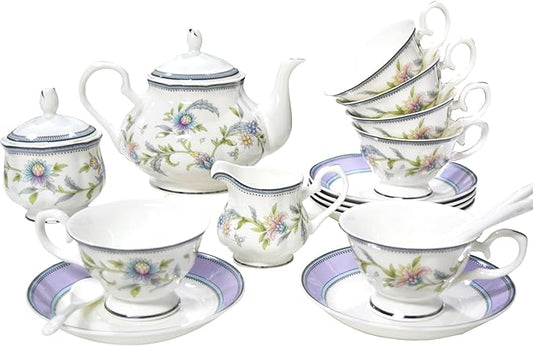 Bone China Tea Set, 21-Pieces Porcelain Tea Set for Adults, Tea Cups And Saucers for 6, with Teapot, Spoons, Sugar Bowl, Creamer Pitcher, Vintage Tea Set for Women Tea Party (Purple)