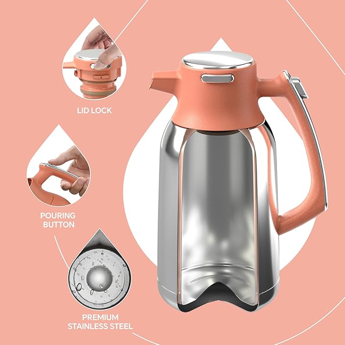 IDEUS Thermal Coffee Carafe 68oz (2,000ml), Stainless Steel Double Wall Insulated Vacuum Flask, Water Jug Coffee Server and Beverage Dispenser, Heat and Cold Retention (Coral, 68oz (2,000ml))