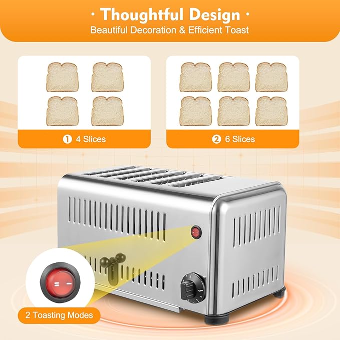 6 Slice Toaster with Wide Slots Commercial Toasters for Restaurant Bread Baking Machine 1680W Stainless Steel Toaster Countertop for Toast, Sandwiches, Meatloaf