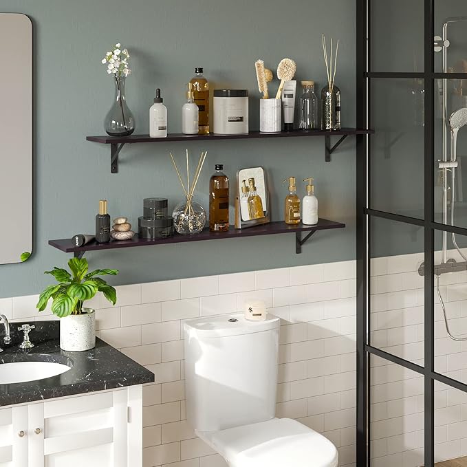 DINZI LVJ Long Wall Shelves, 47.3Inch Wall Mounted Shelves Set of 2, Extra Large Wall Storage Ledges with Sturdy Metal Brackets for Living Room, Bathroom, Bedroom, Kitchen, Espresso