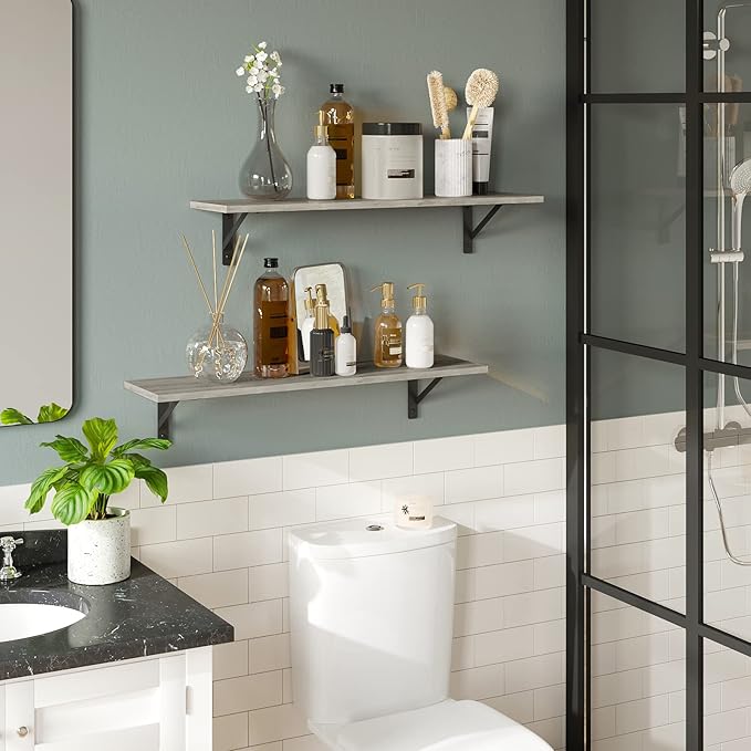 DINZI LVJ Wall Shelves, 23.6 x 7.9 x 6.1 Inch Floating Shelves for Wall, Set of 2, Easy-to-Install Wall Storage Ledges with Sturdy Metal Brackets for Living Room, Bathroom, Kitchen, Gray Wash