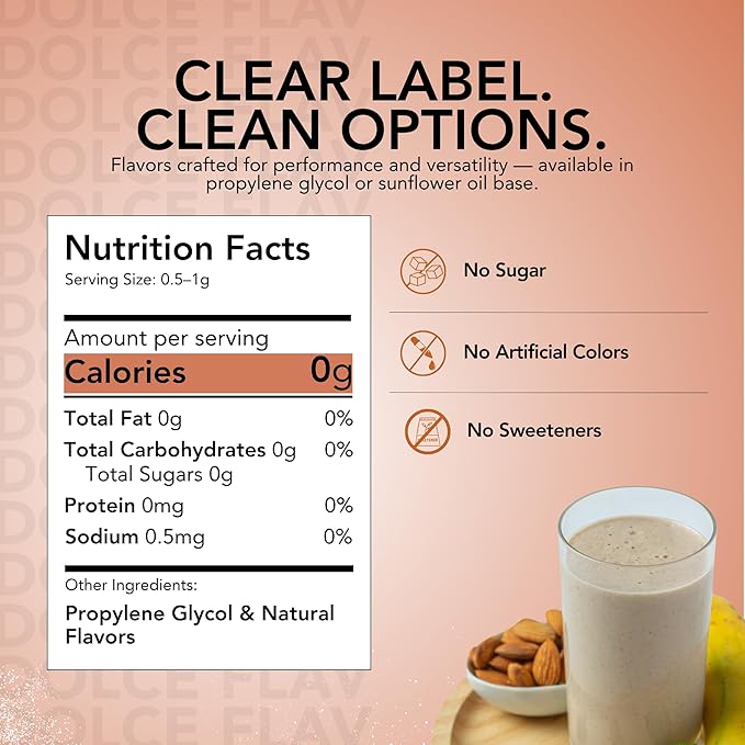 Dolce Flav Natural Almond Extract – 2 Ounce Water-Soluble Kosher, Sugar-Free, Concentrated Pure Almond Flavoring for Baking, Pastries & Beverages, Includes Measured Dropper