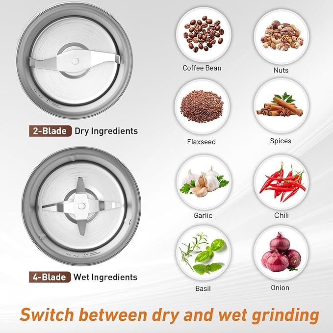 Secura Electric Coffee Grinder and Spice Grinder with 2 Stainless Steel Blades Removable Bowls