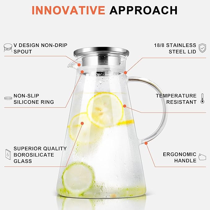SUSTEAS 2.0 Liter 68oz Glass Pitcher with Lid, Easy Clean Heat Resistant Glass Water Carafe with Handle for Hot/Cold Beverages - Water, Cold Brew, Iced Tea & Juice, With 1 Long-Handled Brush Included