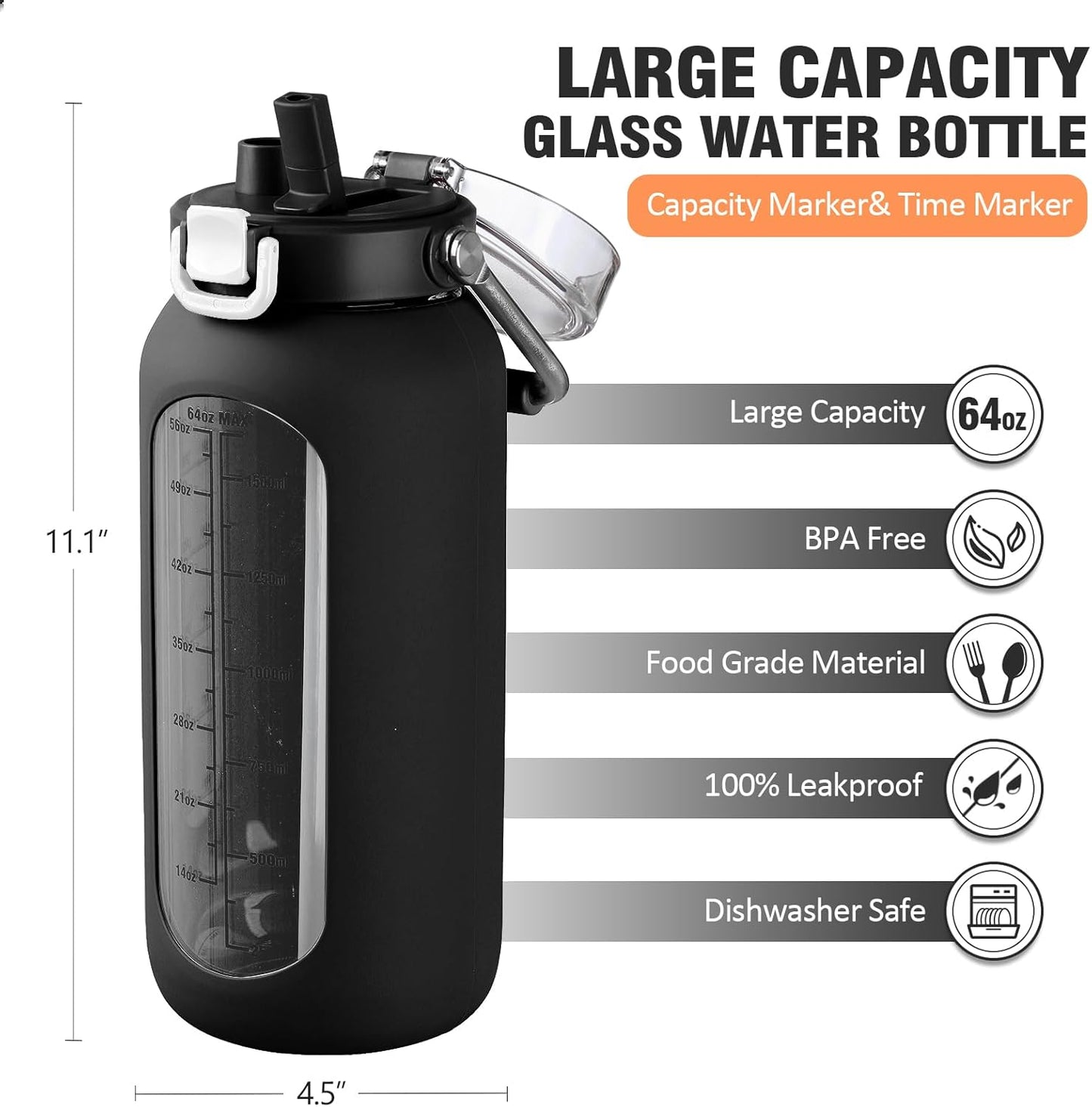 kytffu 64 oz Glass Water Bottle with Straw and Stainless Steel Handle, Half Gallon Water Bottle with Silicone Sleeve and Time Marker, 2L Large Glass Bottle for Gym, School, Travel, Leak-proof (Black)