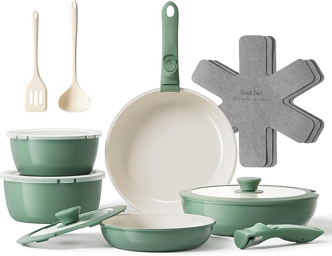 Redchef 16pcs Ceramic Pots and Pans Set Non Stick, Nonstick Ceramic Cookware Set with Detachable Handle, Non Toxic, PFAS PFOA & PTFE Free RV Cookware for Camping, Dishwasher/Oven Safe (Green)