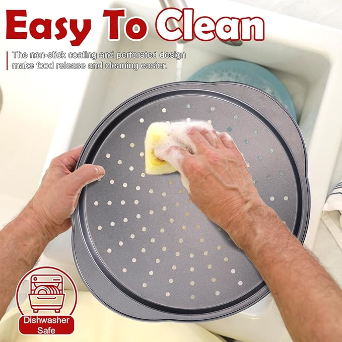 Unokit Pizza Pan for Oven - 13" 2PCS Round Carbon Steel Pizza Pan, Non-Stick Pizza Tray with Perforated Holes and Grip Handles, Dishwasher Safe, Grey