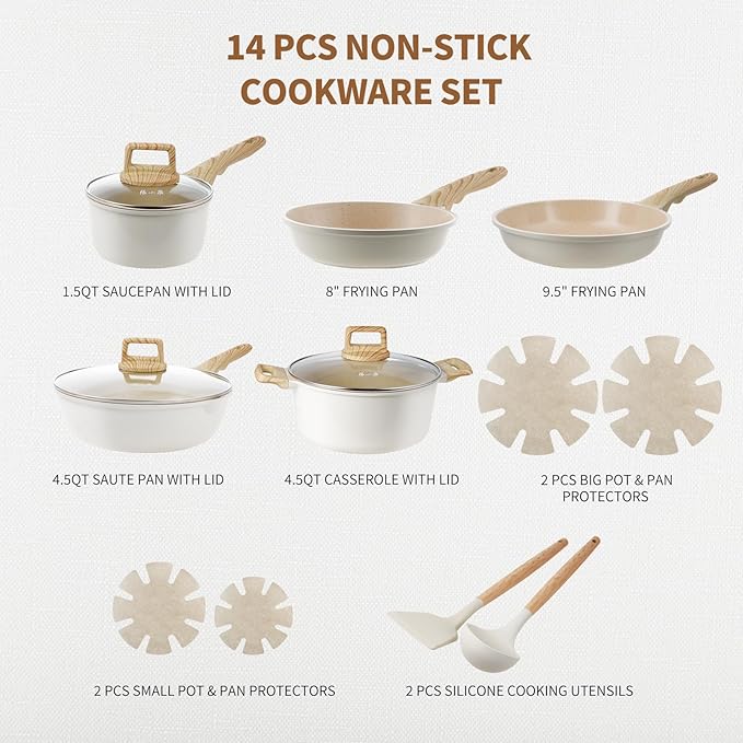 ZHANG XIAO QUAN SINCE 1628 Pots and Pans Set with Lids, 14 PCS Cast Aluminium Non Stick Ceramic Coating Granite Cookware Set, Non-toxic Kitchen Essentials, Beige