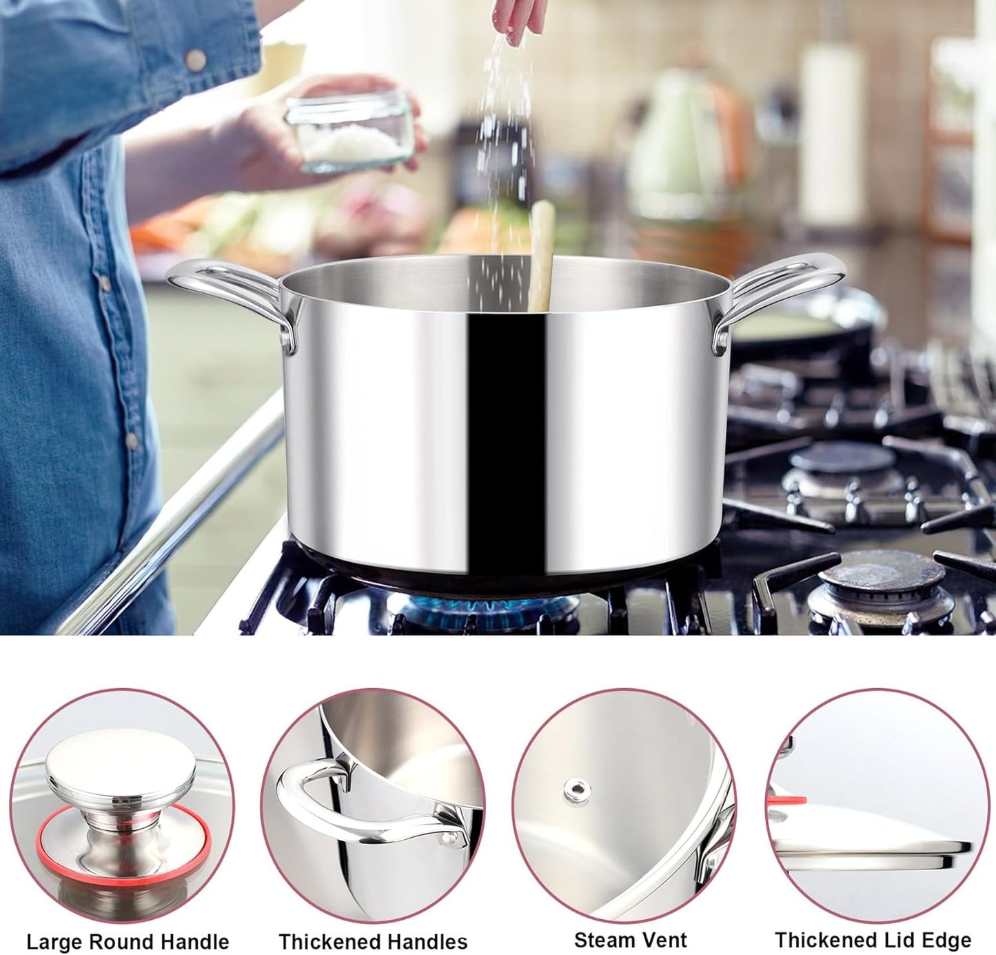 LIANYU 6QT 18/10 Stainless Steel Stockpot with Lid, Tri-Ply Heavy Duty Soup Cooking Pasta Canning Pot, 6 Quart Boiling Strew Simmer Induction Pot, Dishwasher Safe Cookware