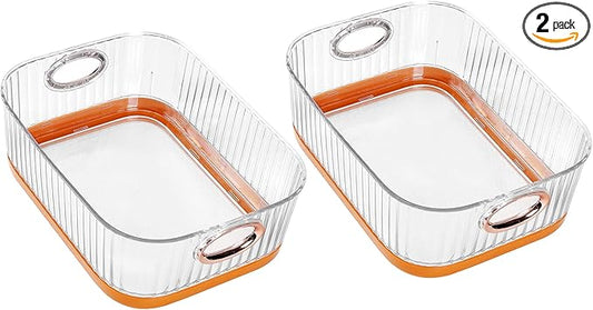 VECELO Refrigerator Organizers - Durable PET Storage Bins, Space Saving, Clear View, Contain Spill, Organizer for Kitchen, Laundry, Closet - Set of 2