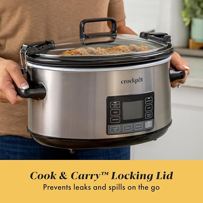 Crock-Pot 7-Quart Slow Cooker, Portable Programmable with Timer, Locking Lid, Stainless Steel; an Essential Kitchen Appliance, Perfect for Families and Gatherings
