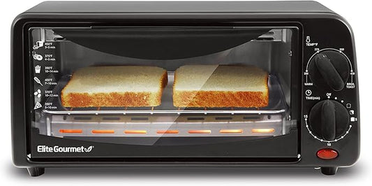 Elite Gourmet ETO236 Personal Compact 2 Slice Countertop Toaster Oven with 15 Minute Timer & Adjustable Temperature, Bake, Broil, & Toast, Black