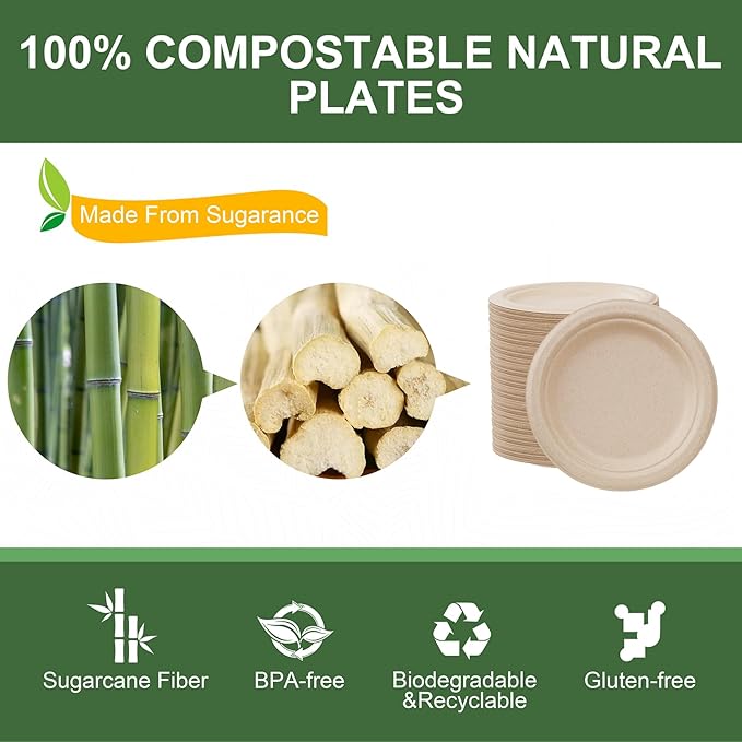 WELLIFE 100% Compostable Paper Plates 9 Inch, 125-Pack Heavy Duty Paper Plates Bulk,Biodegradable Bagasse,Eco-Friendly Disposable Dinner Plate for BBQ,Picnic,Party (BPI Certified,Microwaveable)