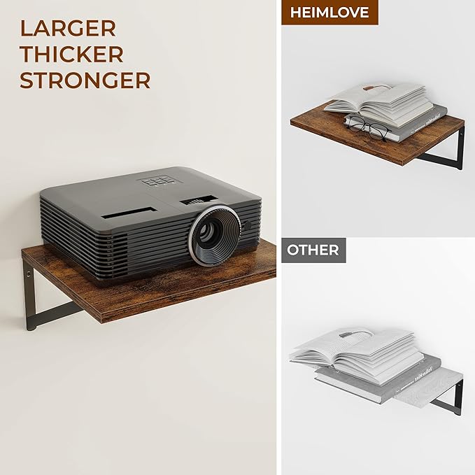 Heimlove Deep Floating Shelves for Wall, 12 Inch Deep Floating Shelves Set of 3, 16W x 12D Wood Wall Shelves, Wide Shelves with Metal Bracket for Living Room, Kitchen, Office, Bedroom - Rustic Brown