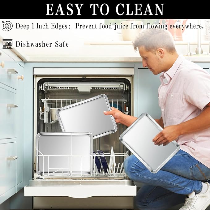 Stainless Steel Baking Sheet Set, 2 Pcs Cookie Sheet Pan Baking Trays for Oven, Non Stick and Heavy Duty and Easy Clean, 9.3 x 6.9 x 1 Inch