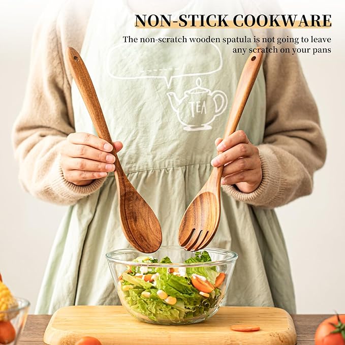 Gudamaye Acacia Wooden Salad Server Set,13 inch Salad Tongs for Serving including Salad Mixing Dinner Fork and Spoon,Long Handle Salad Server Set