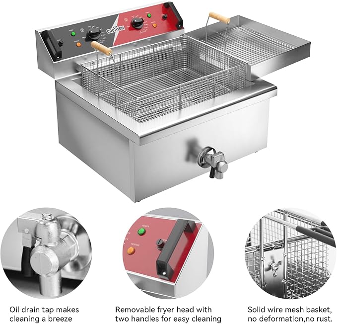 CROSSON 24Lbs Electirc Triple Basket Turkey Fryer With Oil Drain Spout,Oil Drain Rack,Commercial Countertop Donut Deep Fryer To Fry a Whole Fish or Turkey