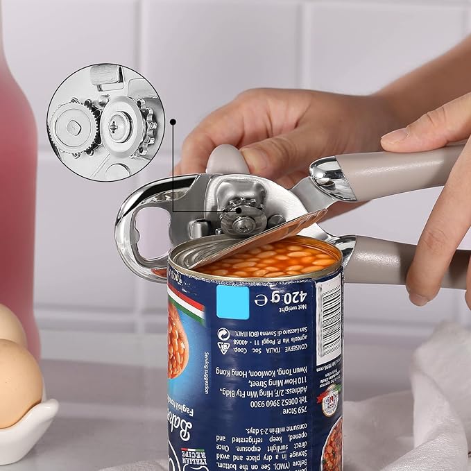 Multi-function Manual Can Opener Bottle Opener, Oversized Hand-held Easy Rotary Knob, Safe Cut Can Opener with Non-Slip Handle, Smoother Cut Sharp Blade for Seniors Kitchen Tool, Grey