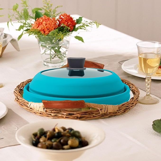 Microwave Splatter Cover Glass Microwave Cover for Food Collapsible Splatter Guard Lid with Silicone Handle for Pot Plate Bowl 11.8 Inch Blue