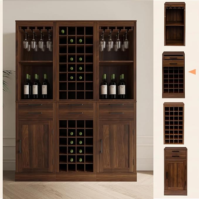 WERSMT 6-Tier Wine Rack Freestanding Floor with 2 Drawers, 24 Bottles Wood Wine Rack Counter for Small Space, Farmhouse Stackable Modular Wine Bottle Holder Rack, Walnut