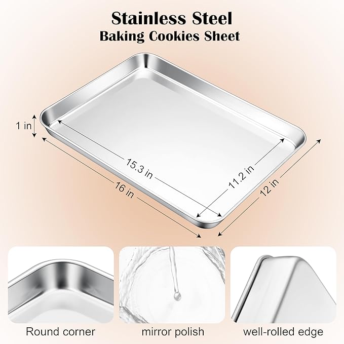 E-far Stainless Steel Baking Sheet, 16” x12” x 1” Baking Cookie Sheet Pan for Oven, Non-toxic Metal Trays for Baking Cake Cookie, Healthy & Rust Free, Mirror Finish & Dishwasher Safe, 1 Pack