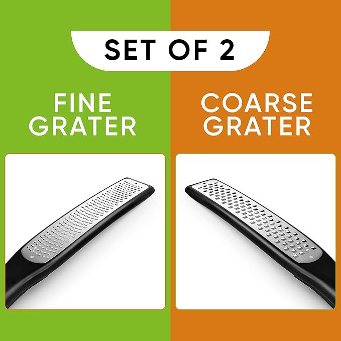 Spring Chef Premium Lemon Zester Grater with Handle - Ginger, Nutmeg, Garlic Grater - Heavy Duty Kitchen Tool - Stainless Steel Citrus Zester with Blade Cover - Fine & Coarse Shred, Set of 2, Black