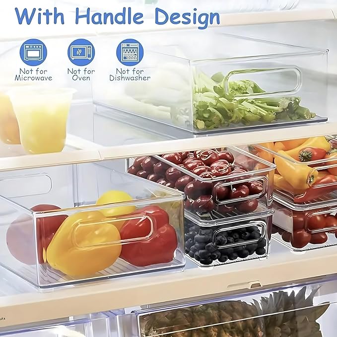 12 Pack Refrigerator Organizer Bins, 3 Sizes Stackable Clear Pantry Storage with Handles and 30 PCS Plastic Bags for Fridge, Freezer, Shelves, Drawer, Snack Organizer for Home & Kitchen