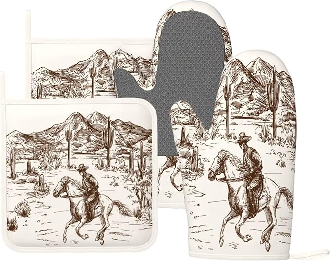 Western Cowboy Oven Mitts and Pot Holders 4 pcs Set Silicone West Cowboy Riding Horse in Desert Kitchen Oven Mitt Gloves Cowboy Pot Holders Non-Slip Heat Resistant Cooking Mitts Set, Beige
