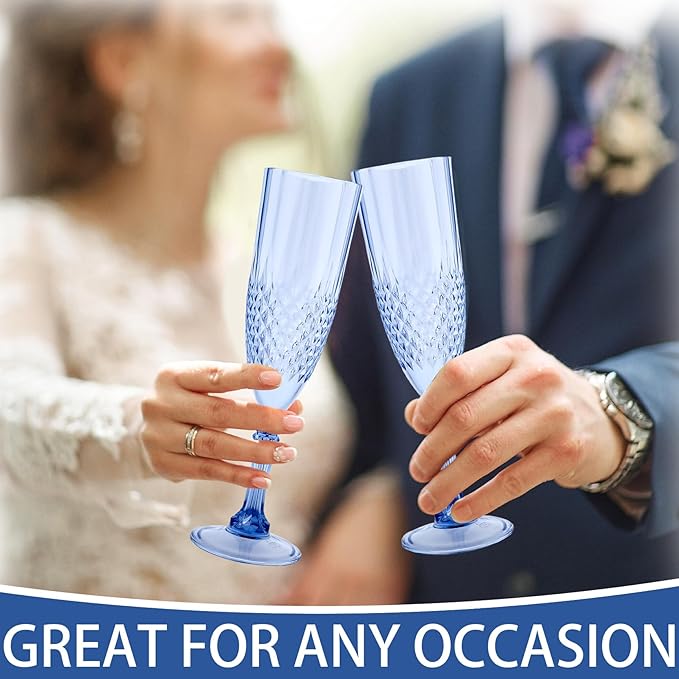 Plastic Champagne Flutes, 12PCS Blue Plastic Wine Glasses Goblets Reusable Champagne Flute for Weddings, Bachelor Parties, Toasting, and Events (12, Blue)