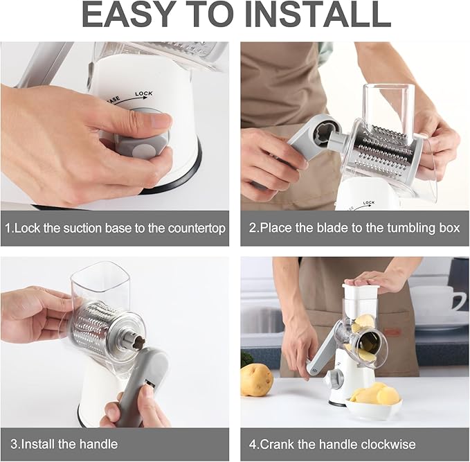 Cambom 5 in 1 Rotary Cheese Grater Hand Crank Cheese Shredder for Fresh Cheese, Vegetable, Nuts,Non-slip Suction Base, Five Blades, White