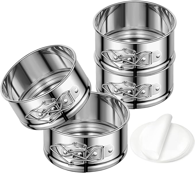 4" Springform Cake Pan, 4 Pcs Stainless Steel Springform Pans with 50 Pcs Paper Liners, Leakproof & Nonstick Cheesecake Pan with Removable Bottom, Small Cake Pan for Mini Pizzas Quiches