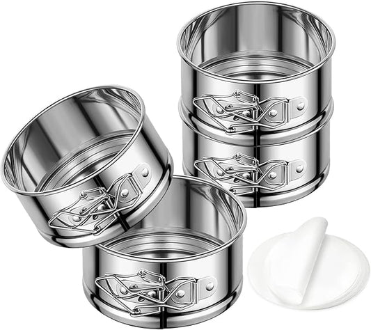 4" Springform Cake Pan, 4 Pcs Stainless Steel Springform Pans with 50 Pcs Paper Liners, Leakproof & Nonstick Cheesecake Pan with Removable Bottom, Small Cake Pan for Mini Pizzas Quiches