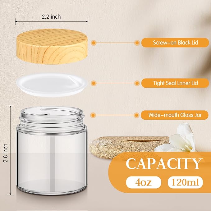 Norme 12 Pcs 4 oz Glass Jars with Lids Empty Small Glass Containers and Inner Liners Reusable Cosmetic Jars Round Airtight Bottles with Plastic Woodgrain Lids for Travel