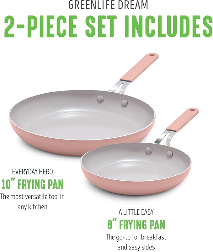 GreenLife 8” & 10” 2 Piece Nonstick Ceramic Frying Pan Set, Lightweight Healthy PFAS-Free Skillets, Dishwasher & Oven Safe, Durable Body, Silicone Stay-Cool Handles, Easy Release, Pink