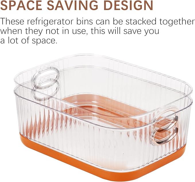VECELO Refrigerator Organizers - Durable PET Storage Bins, Space Saving, Clear View, Contain Spill, Organizer for Kitchen, Laundry, Closet - Set of 2