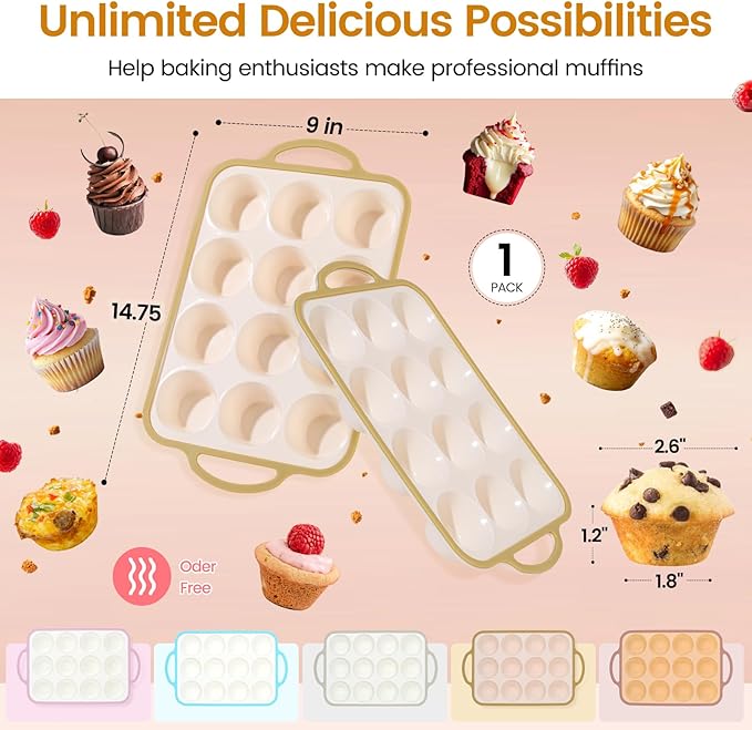 Silicone Muffin Pans for Baking 1 Pack, 2.6 Inch with Metal Reinforced Frame, Regular Size Nonstick Cupcake Pan 12 Cups for Baking Homemade Muffins, Dishwasher Safe BPA Free-Light Yellow