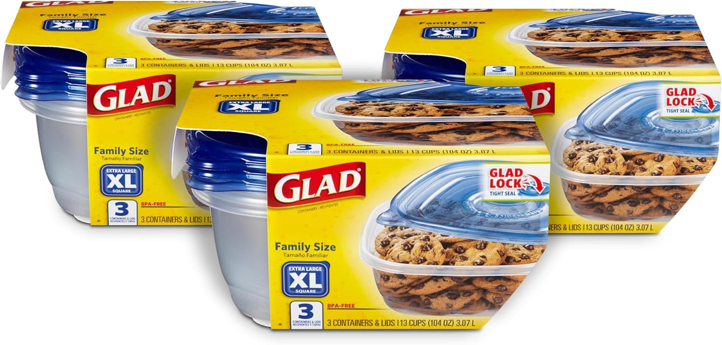 Glad Family Size Food Storage Containers, XL Square (104 Oz) - 3 Count, Standard