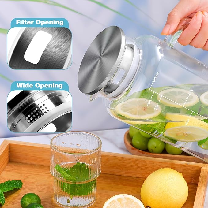 Aofmee 68oz Glass Pitcher with Lid, 2 Liter Water Carafe with Silicone Base and Precise Scale Line, Ice Tea Pitcher for Fridge, Anti-Slip Glass Jug for Sun Tea Juice Coffee Milk Beverage (Blue)