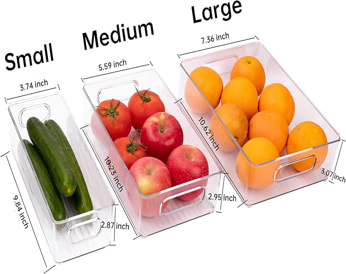 6 Pack Refrigerator Organizer Bins,3 Sizes Clear Pantry Storage with Handles and 30 PCS Plastic Bags for Fridge, Freezer, Shelves, Drawer, Bins, Snack Organizer for Home & Kitchen